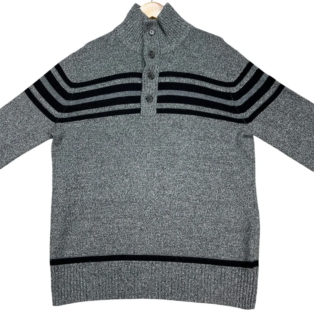 Banana Republic Merino Wool Sweater Mens S Grey Italian Yarn Mock Neck Striped